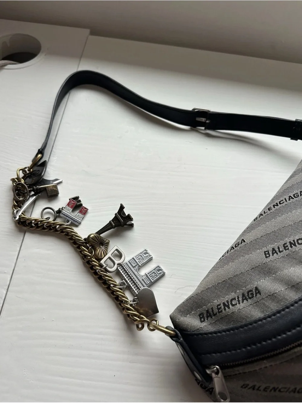 Balenciaga Grey Canvas & Black Leather Crossbody Bag
